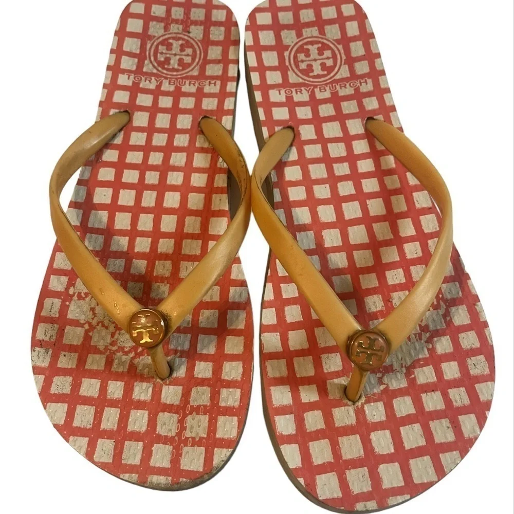 Tory Burch Retro 70's Orange-Red Mod Flip Flops Sz 7 Thong Logo